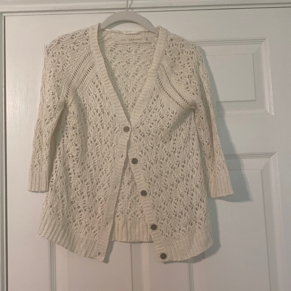 Zara Cream Openwork Knit Button-Front Cardigan